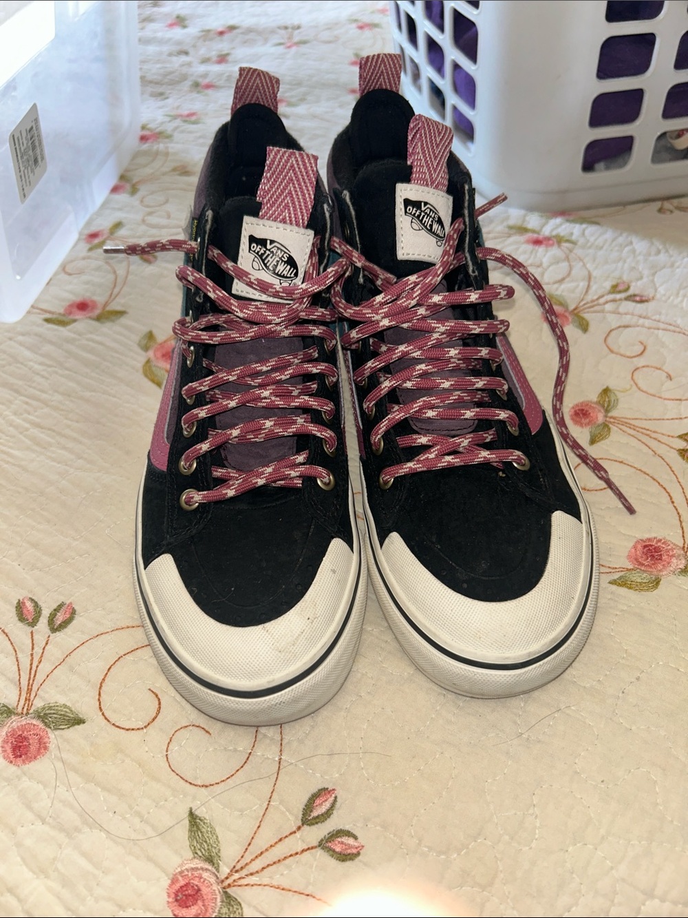 Vans Women’s Black and Pink High-Top Skate Shoes